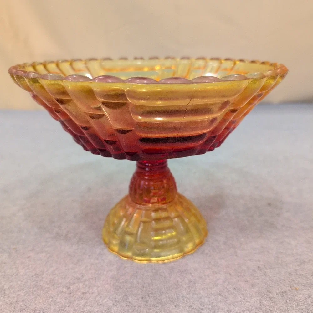 Vintage Amberina Glass Basketweave‎ Compote Footed Candy Dish Red Yellow Scallop